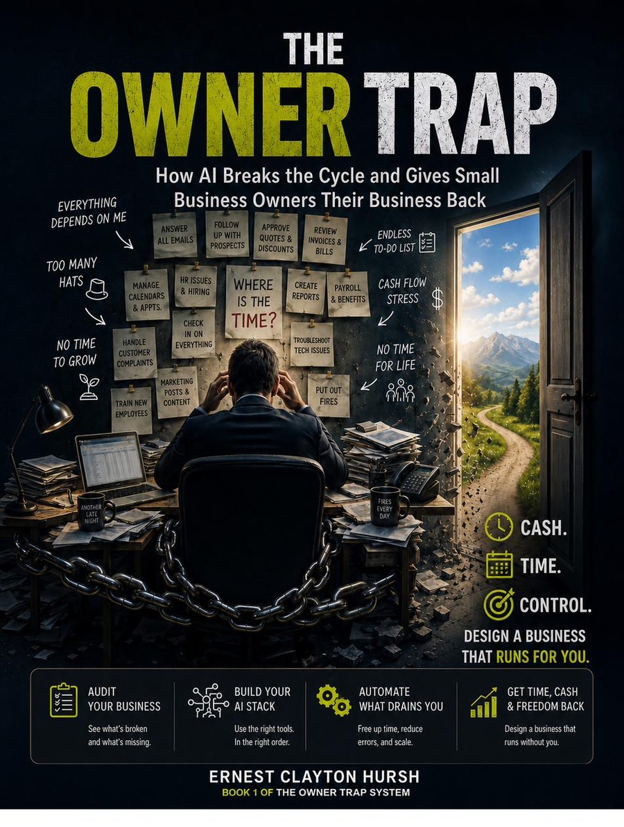 The Owner Trap — How AI Breaks the Cycle and Gives Small Business Owners Their Business Back, by Ernest Clayton Hursh. Book 1 of The Owner Trap System.