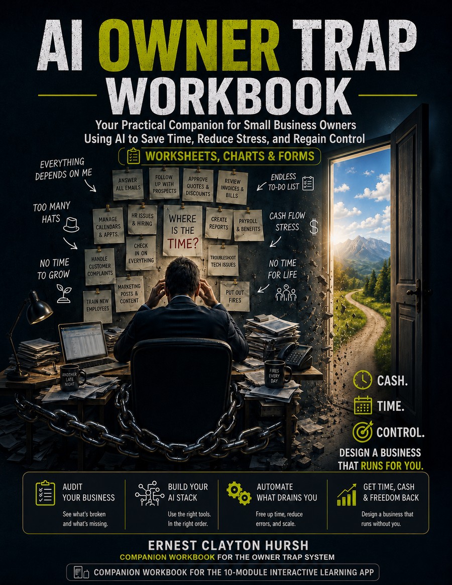 The AI Owner Trap Workbook — Your Practical Companion for Small Business Owners Using AI to Save Time, Reduce Stress, and Regain Control. Companion Workbook for the 10-Module Interactive Learning App.